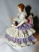Antique Dresden Style Violin Player Purple And White Lace Porcelain Brown Hair Figurines photo 4