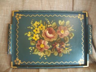 Vintage Toleware Wood Floral Handled Tray photo