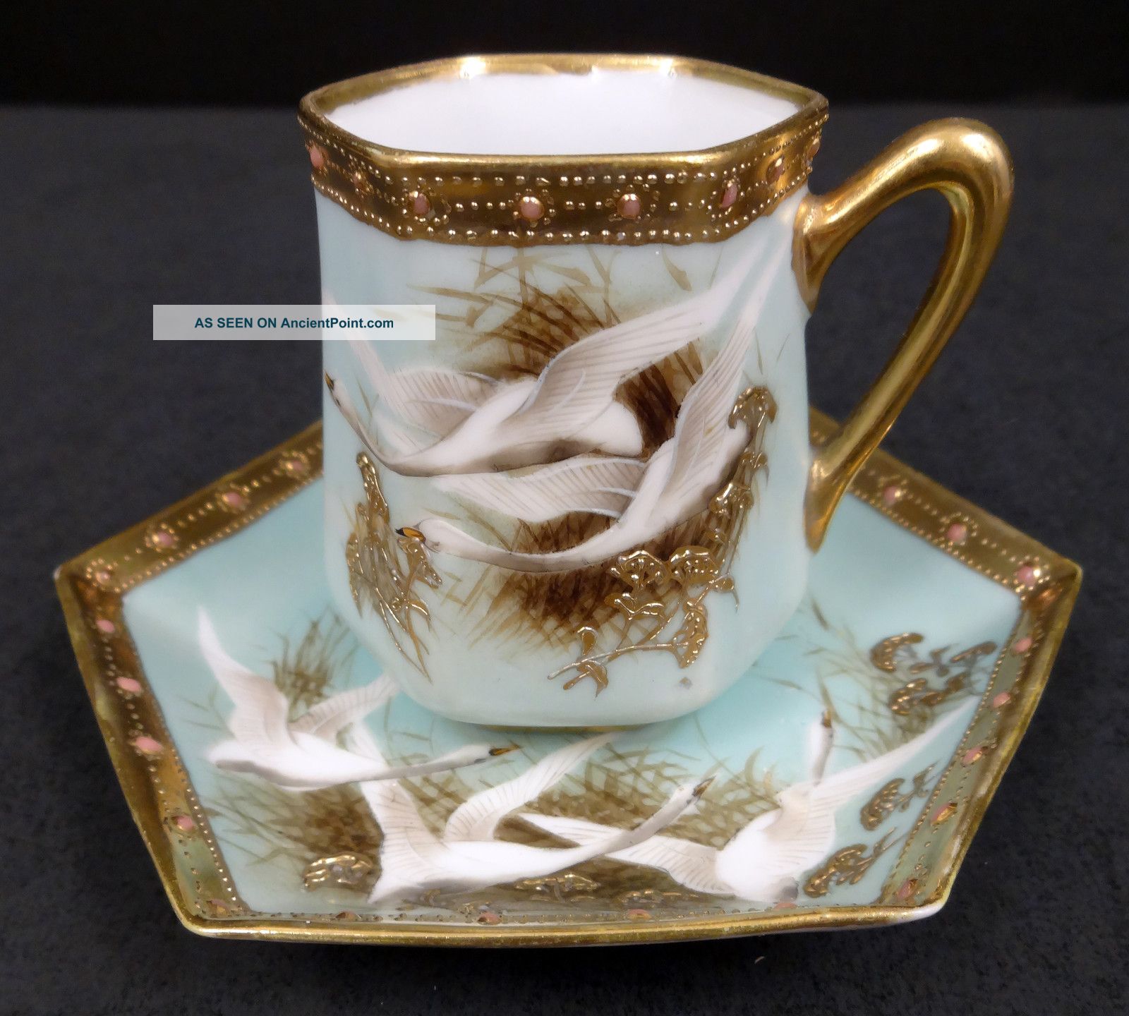 Antique Nippon Flying Swan Jeweled Chocolate Cup & Saucer Cups & Saucers photo