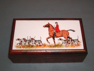 Vintage Wood Lined Leather Box Hunt Scene Hand Painted Pottery Tile Antique photo