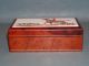 Vintage Wood Lined Leather Box Hunt Scene Hand Painted Pottery Tile Antique Boxes photo 2