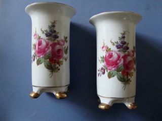 Antique Pair Of Vintage Vases With Gold Detail And Floral Bouquets - Germany photo
