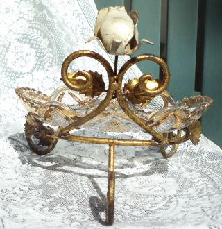 Antique - Golden - Metal - Crystal1900strinket Tray - White Rose - Leaves Design - Lovely photo