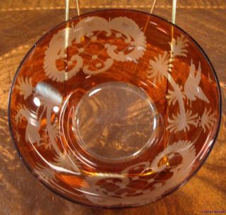 Antique Vintage Amber Flash Etched Bird,  Deer And Deco Berry Bowl Stunning photo
