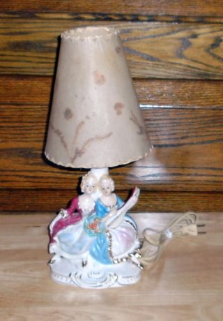 Vintage Victorian Lady Lamp,  Fiberglass Shade,  Porcelain,  Gold,  Japan,  Dress,  Lighting photo
