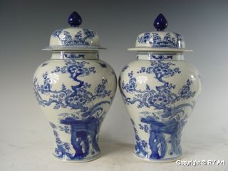 Pair Chinese Blue White Porcelain Ginger Jars 14 