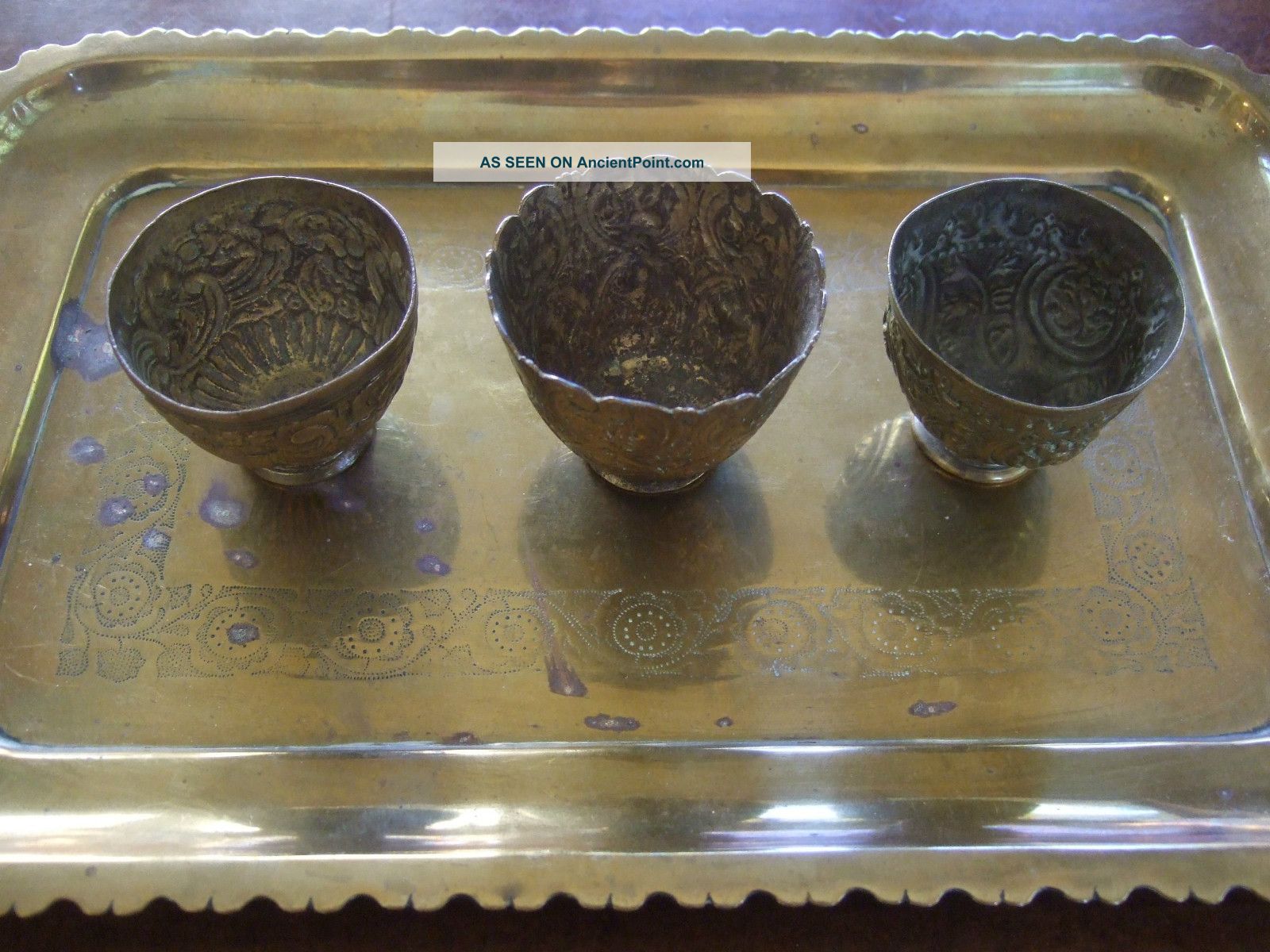 18 / 19th C.  Three Turkish Ottoman Coffee Cups And Tray,  Islamic Metalware photo