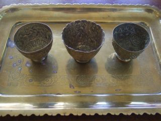 18 / 19th C.  Three Turkish Ottoman Coffee Cups And Tray,  Islamic photo