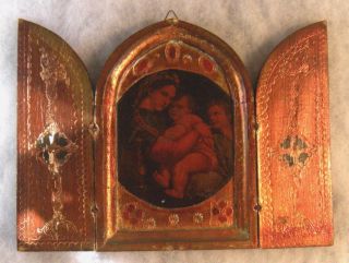 Antique Italian Florentine Woodenware Triptych Frame Madonna & Child photo