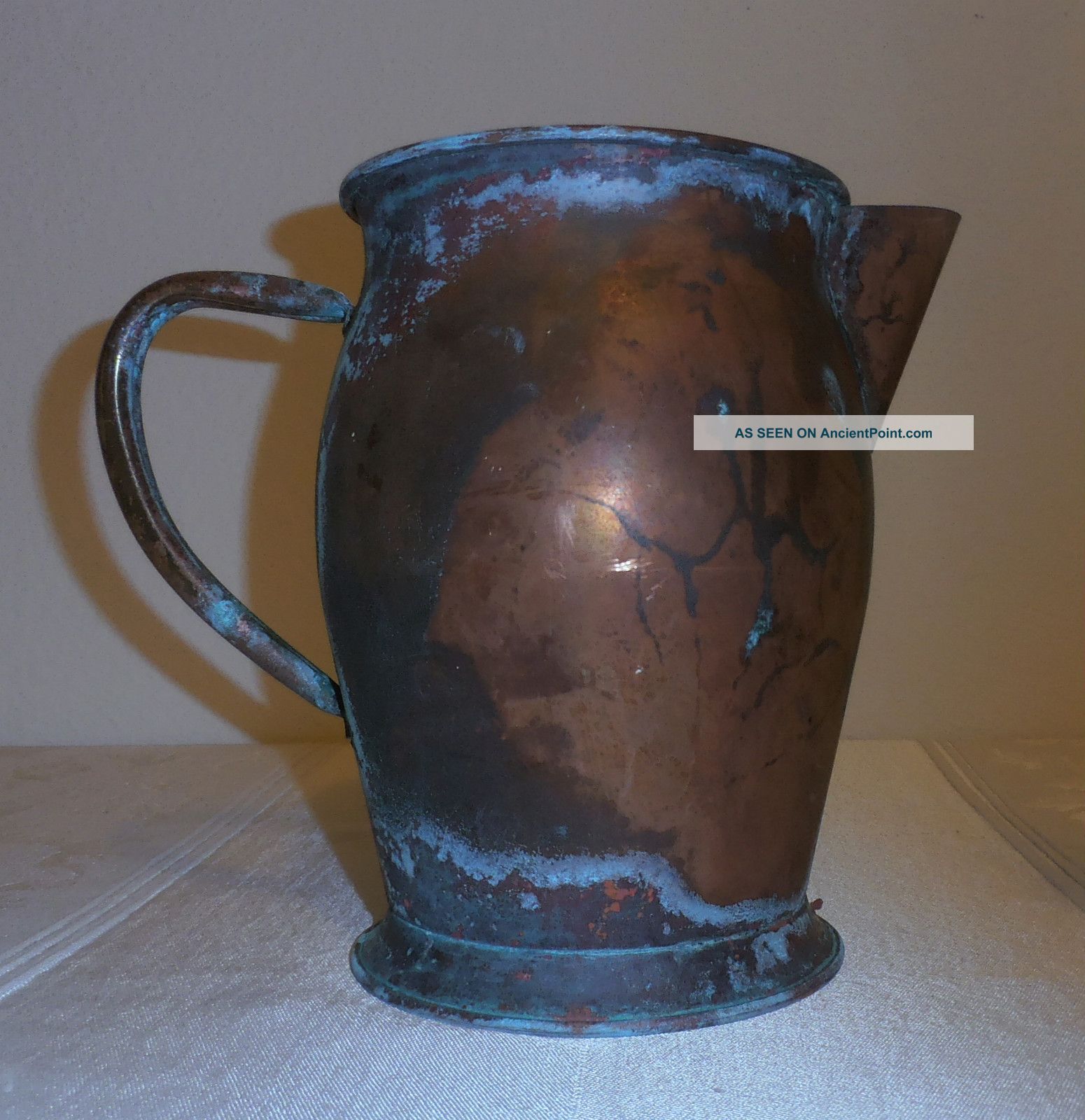 Antique Primitive Unmarked Copper Pitcher With Green Patina Metalware photo