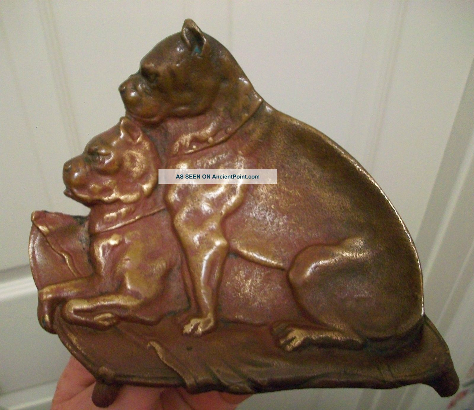 Antique Bronze Bulldog Boxer Art Sculpture Card Receiver Change Tray Dish Dog Metalware photo