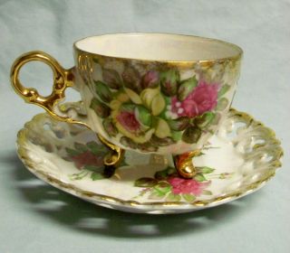 Classica Japan Opalescent Footed Tea Cup Saucer Roses Gold Trim photo
