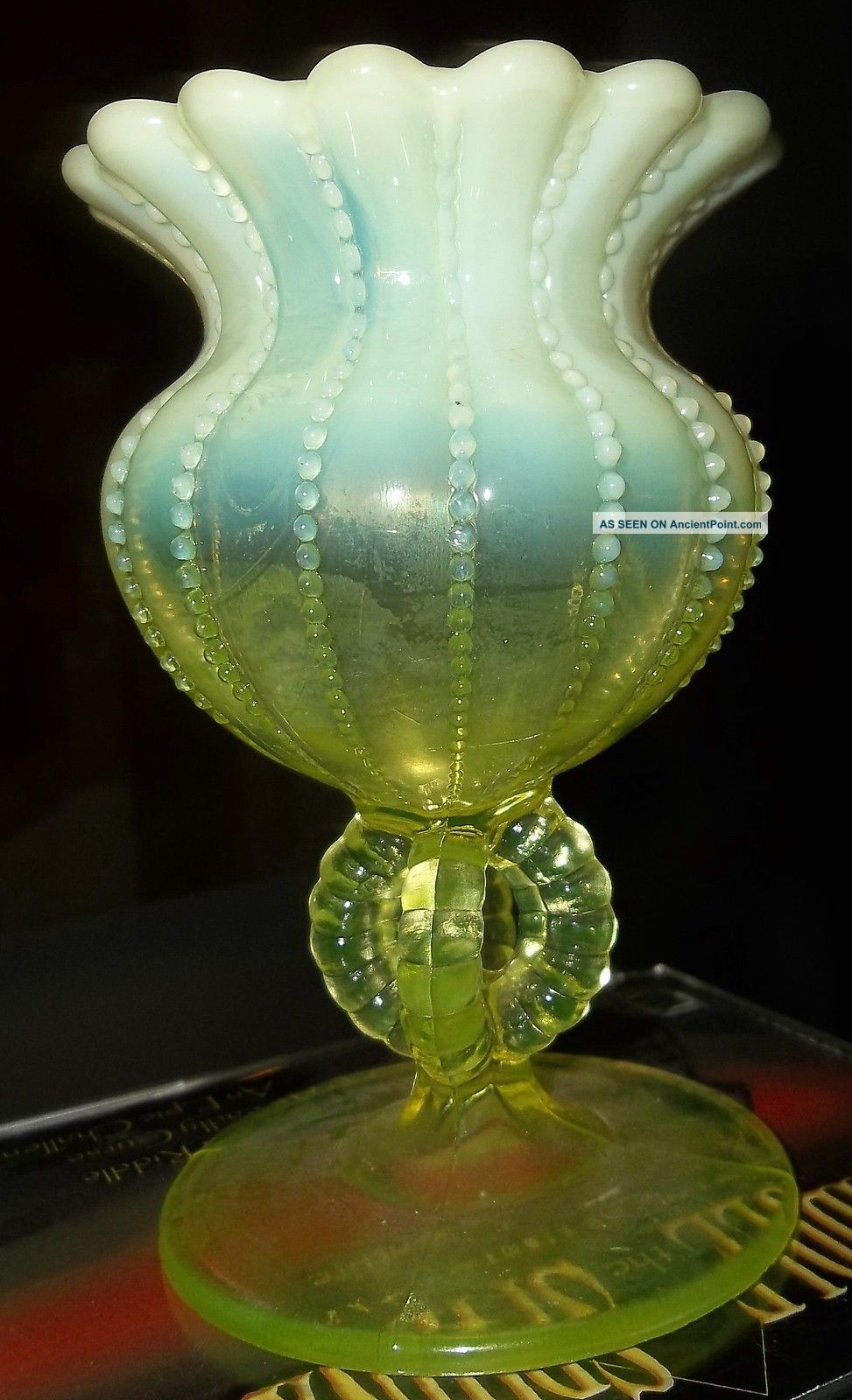 Perfect Northwood Antique Opalescent Beaded Canary Vaseline Vase C1890 ' S N/r Vases photo