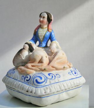 Antique Bisque Fairing Trinket Box Seated Lady Petting Her Dog photo