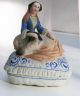 Antique Bisque Fairing Trinket Box Seated Lady Petting Her Dog Boxes photo 5