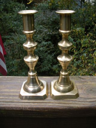 Pair 19th Century Brass Beehive Push - Up Candlesticks photo