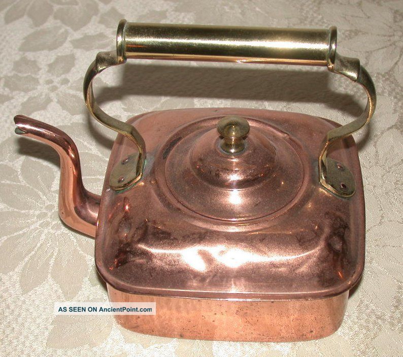 Antique Brass Handled Colonial Design Copper Teakettle - - Medium Size Metalware photo