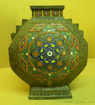 Ornate Antique Asian Decorative Brass Multi - Colored Enameled Cloisonne Vase photo