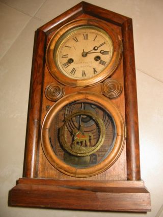 Antique Ingraham Walnut Mantle Clock 1800s Brass Action photo