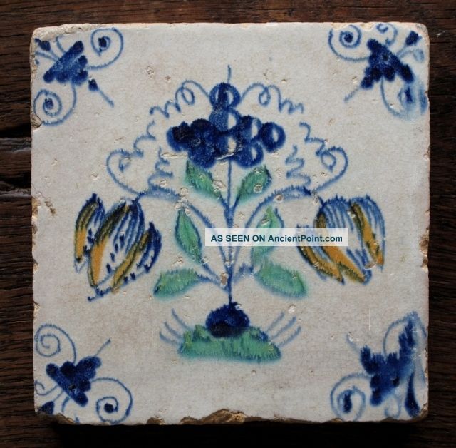 An Authentic Antique Delft Delftware Tile Carreau With A 2 Tulips Tulipmania. Tiles photo