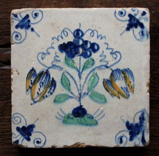An Authentic Antique Delft Delftware Tile Carreau With A 2 Tulips Tulipmania. photo