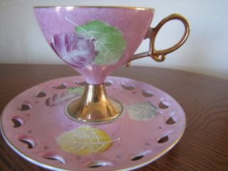 Tea Cup & Saucer High Footed Cabinet Set Pink With Leaves & Gold Open Work photo