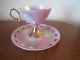 Tea Cup & Saucer High Footed Cabinet Set Pink With Leaves & Gold Open Work Cups & Saucers photo 2