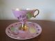Tea Cup & Saucer High Footed Cabinet Set Pink With Leaves & Gold Open Work Cups & Saucers photo 8
