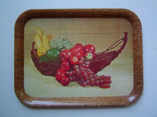Vtg 1950 ' S Metal Serving Lap Tray Fruit In Basket - Still Life Design Print photo