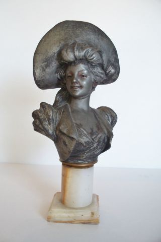 Antique Whimsical Signed Van Der Straeten Lady Metal Bust With Big Hat photo