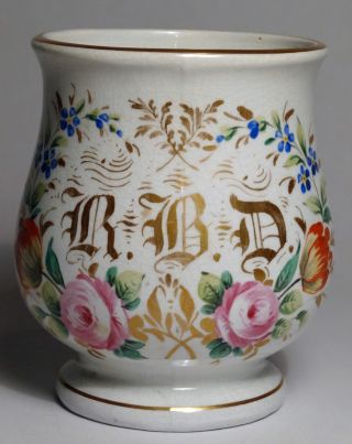 Antique 19th C Staffordshire Tall Mug Tankard Cup W/flowers & Gilt Monogram photo