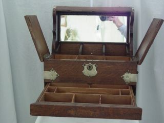 Antique Traveling Tolietry Jewelry Wood Box With Mirror photo