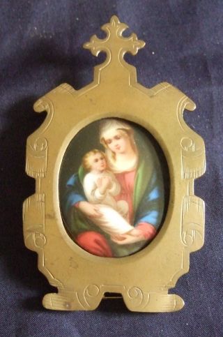 Old Small Hand Painted Madonna & Child Porcelain Plaque In Brass Frame photo