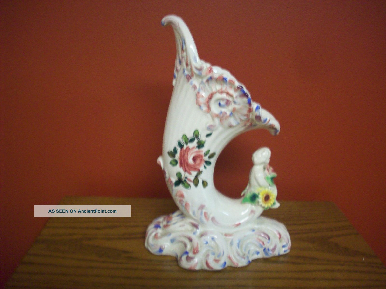 Italian Cherub Sitting On Cornucopia Vase,  Capodimonte Figurines photo