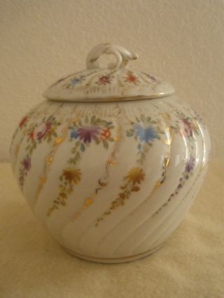 Antique Ribbed Porcelain Hand Painted Biscuit Jar W/ Repaired Lid,  Unmarked photo