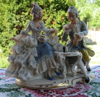 Large German Dresden Porcelain Lace Group Figurine Playing Chess photo