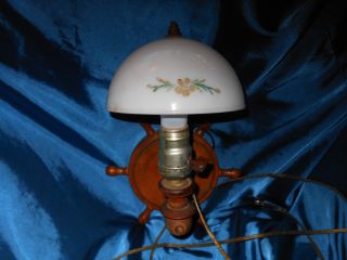Antique Vintage Wood Wall Lamp Sconce Ship ' S Wheel Glass Shade photo