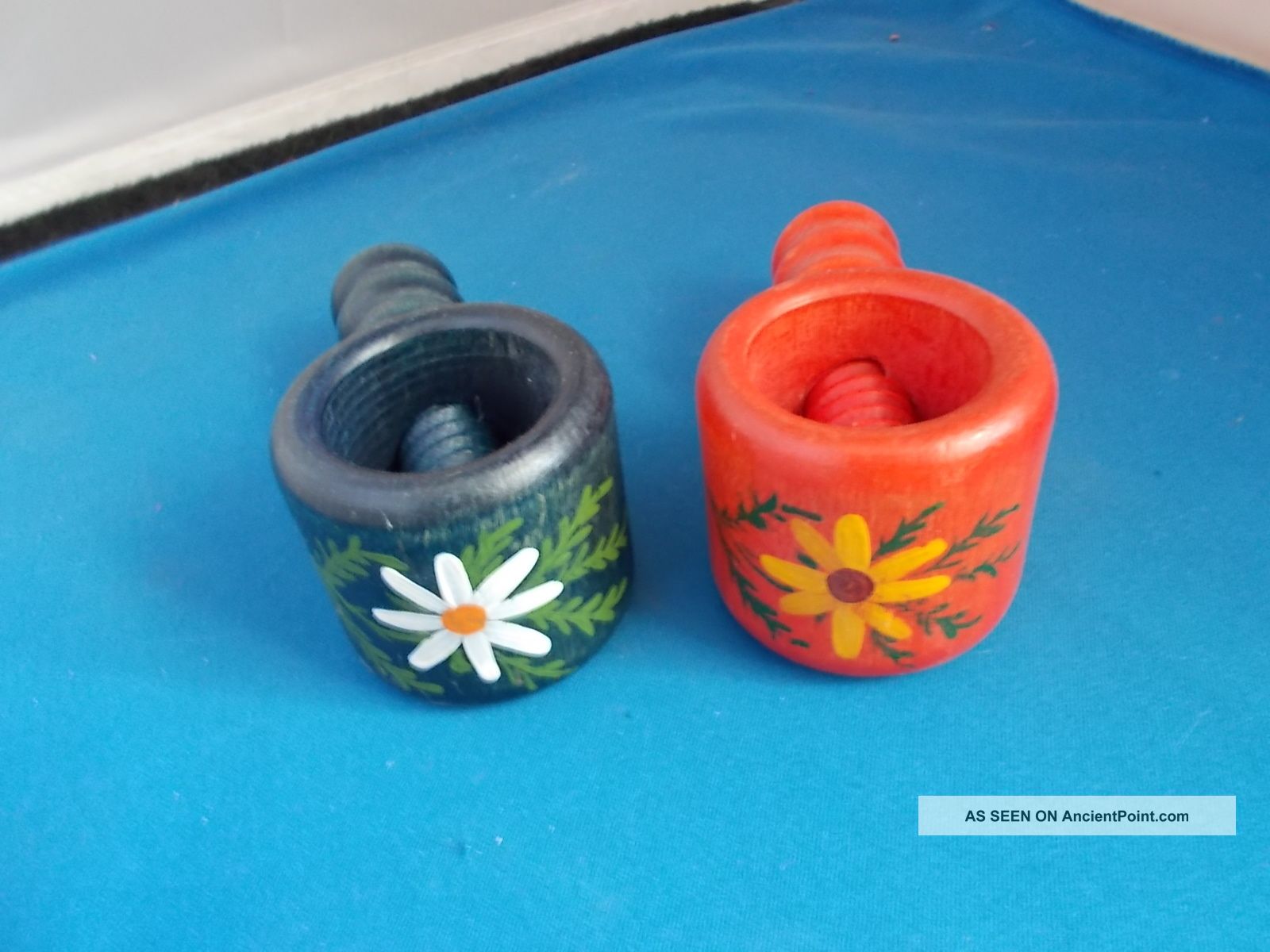 2 - Wooden Nutcrackers Screw Type Blue/red W/flowers Decorative Age?? Pair. . . Bowls photo