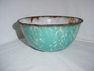 Antique Vintage Primitive Blue Swirl Graniteware Bowl Soup Kitchen Rustic Décor photo