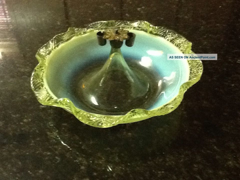 Antique Victorian Vaseline Opalescent Art Glass Bowl Stand And Matching Epergne Vases photo