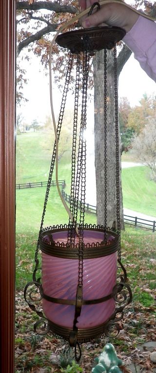 Antique Ornate Victorian Cranberry Opalescent Glass Hall Parlor Hanging Lamp photo