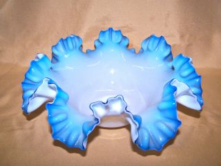 Blue Cased Blown Glass Doubly Crimped Ruffled Edge Bride ' S Bowl 10 3/4 