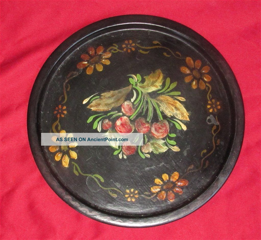 Cherries And Flowers Handpainted Plate,  Pennsylvania Dutch - - Alsatian Style Metalware photo