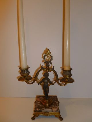 Antique Brass Bronze Cherub Candeholder Marble Base Clawed Foot Double Candle photo