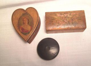 3 Small Vintage Wood Wooden Covered Boxes - Heart,  Others photo