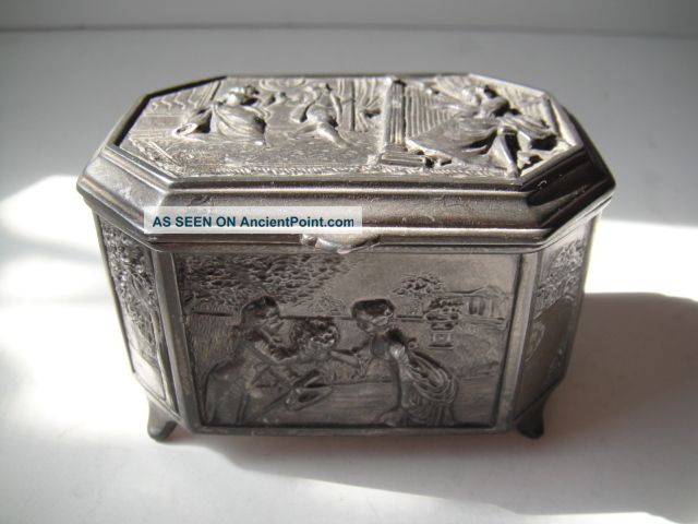 Antique Jewelry Box Trinket Pat Appld For Footed Metal Embossed Scenic Metalware photo