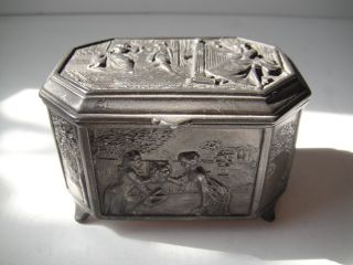 Antique Jewelry Box Trinket Pat Appld For Footed Metal Embossed Scenic photo