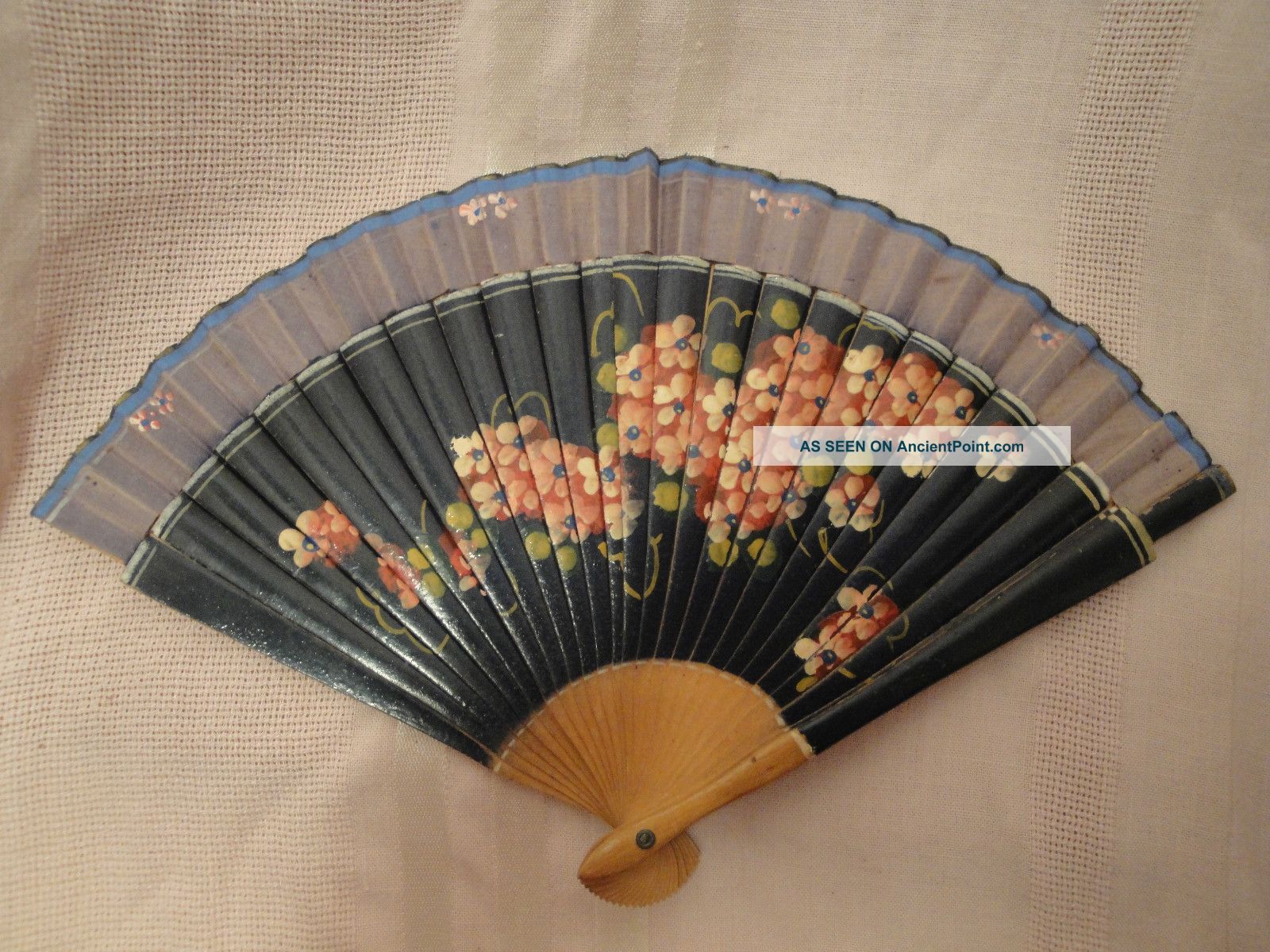 Antique Hand Painted Silk & Wood Decorative Flower Fan Other photo