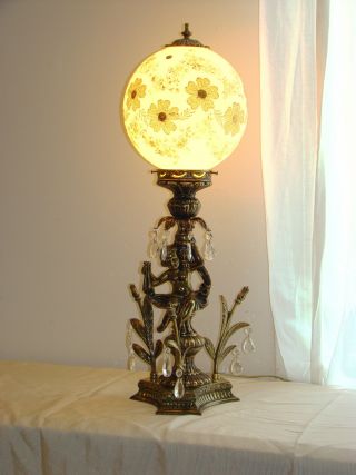 Vintage Cherub French Metal Table Lamp Mid 1900s Gilded White Glass Globe photo
