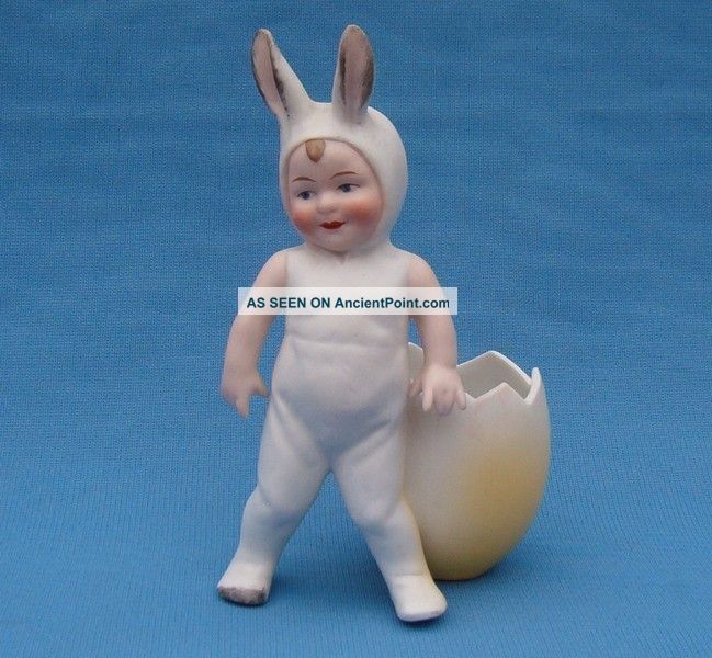 Easter Egg Bunny Boy Heubach German Bisque Porcelain Piano Baby Figurine Figurines photo